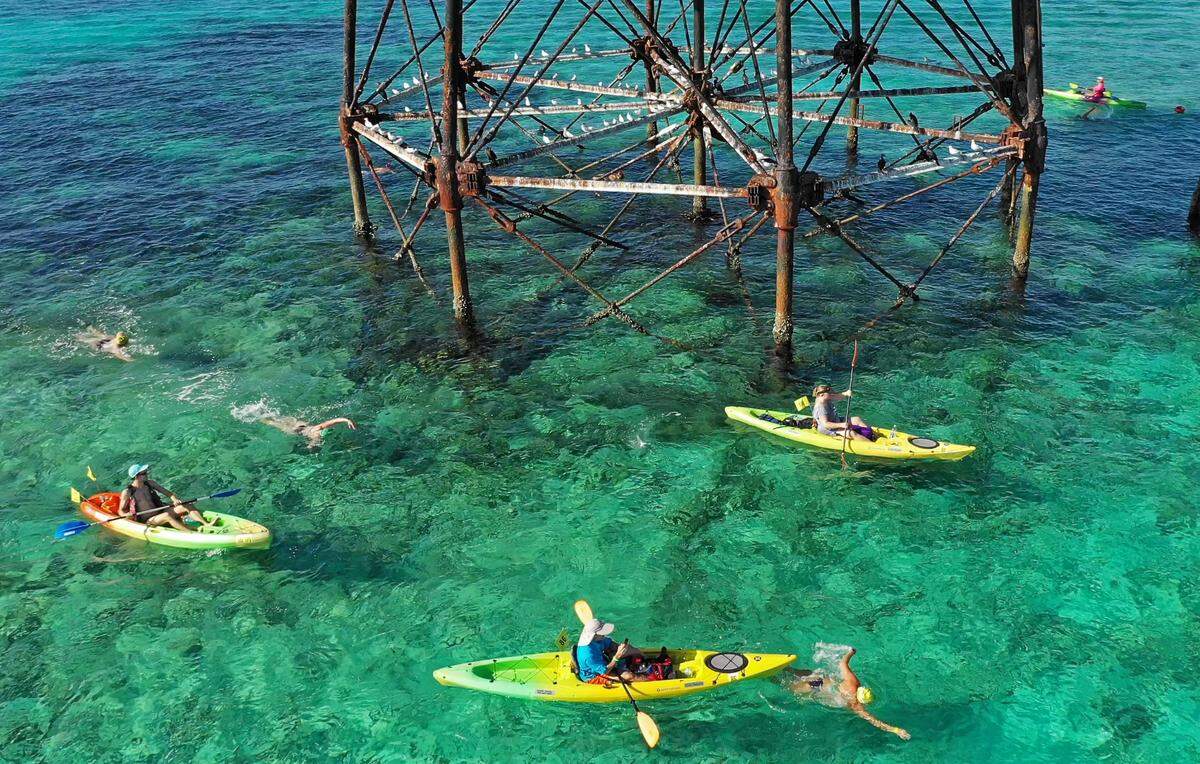 Kayakers escort swimmers around Alligator Reef Lighthouse during the Swim for Alligator Lighthouse on Saturday, Sept. 15, 2018, off Islamorada. The open-water swim competition in the Florida Keys attracted more than 350 entrants who were divided into single and group divisions.