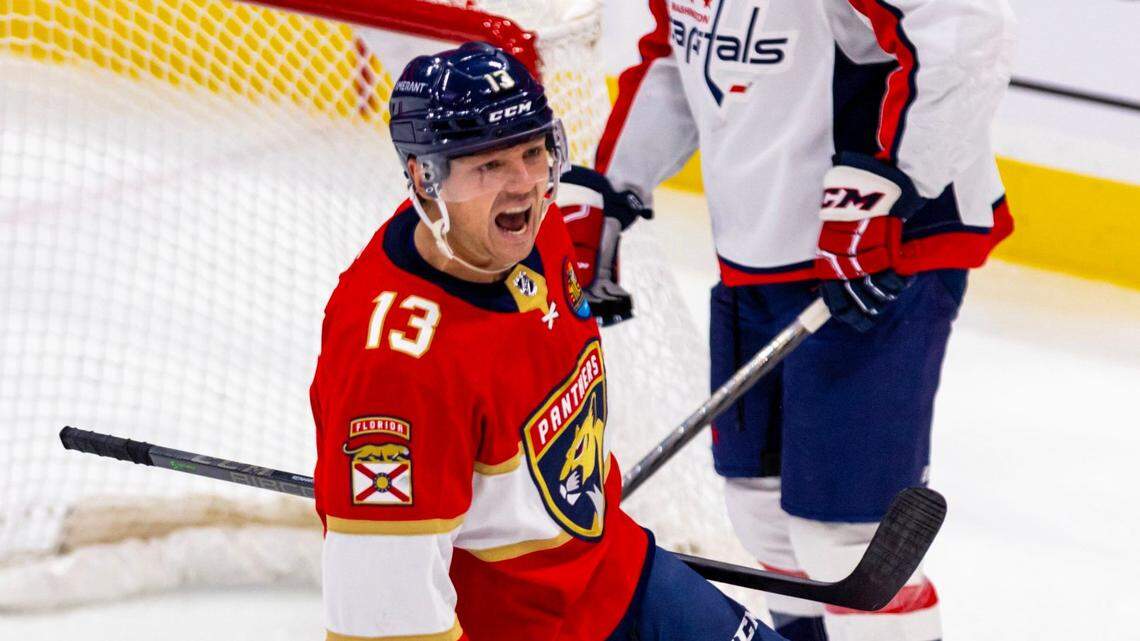Florida Panthers center Sam Reinhart (13) reacts to scoring on Washington Capitals goalie Darcy Kuemper (35) during the second period of an NHL game at FLA Live Arena in Sunrise, Florida, on Tuesday, November 15, 2022.