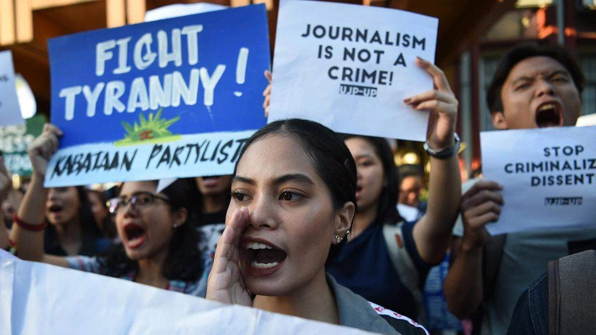 In February 2019, students at the state university in Manila protest the repression of free speech.
