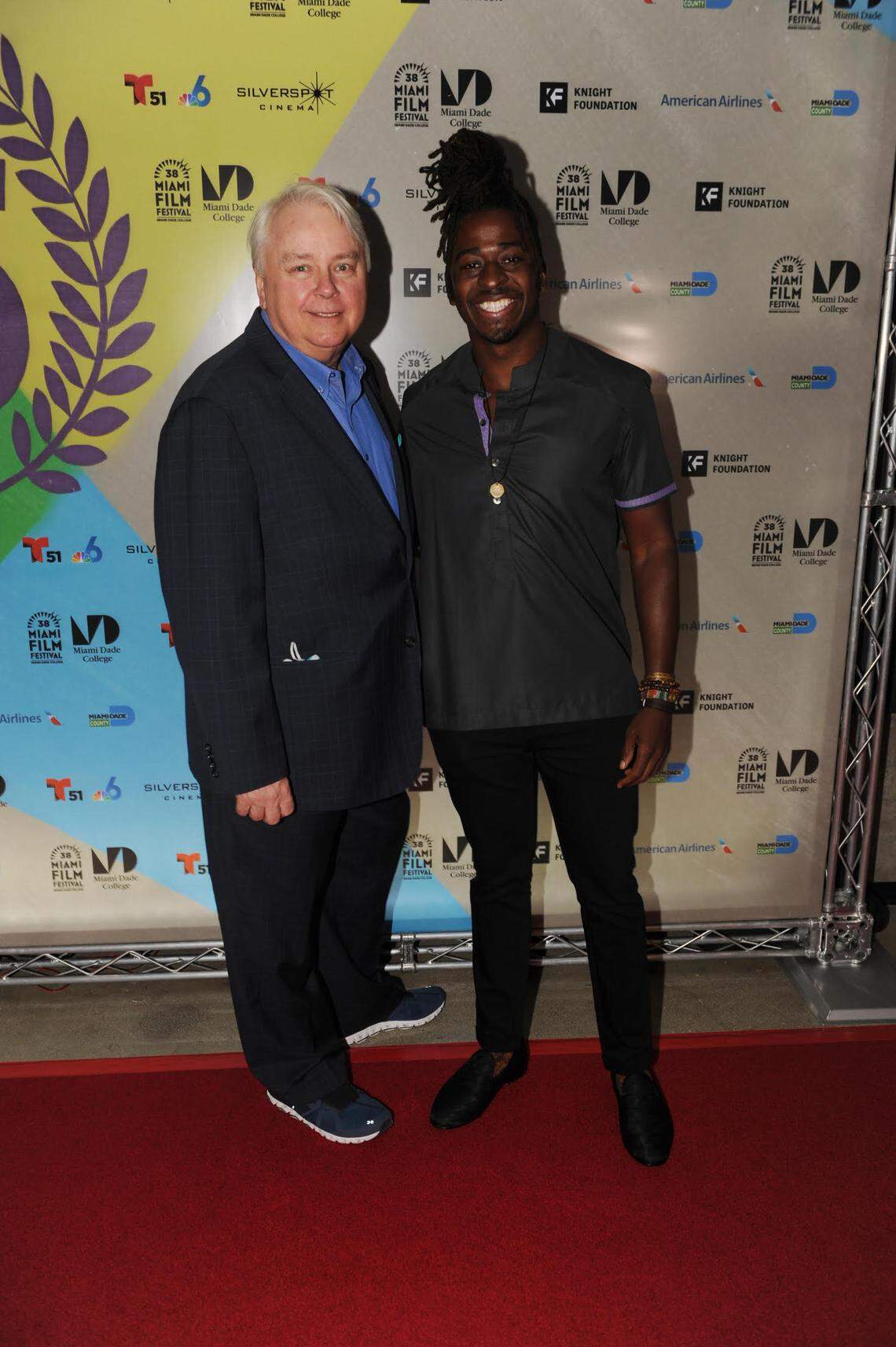 Dennis Scholl, left, and director Edson Jean on the red carpet of the 2021 Miami Film Festival on March 4, 2021. James’ feature film ‘Ludi,’ which was made under the auspices of the Oolite Arts cinematic residency, was the opening night film of this year’s event.