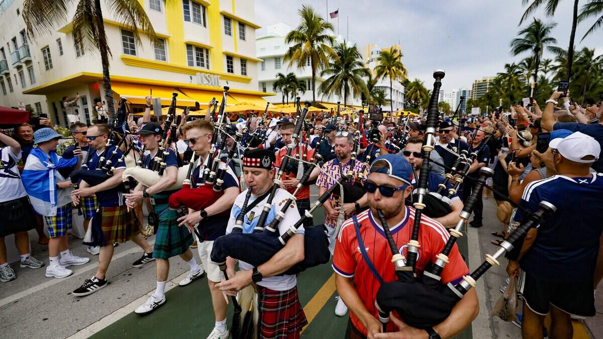 The Tartan Army parades from Lummus Park to Ocean Drive and 5th, at Miami Beach on Tuesday, June 23, 2026.