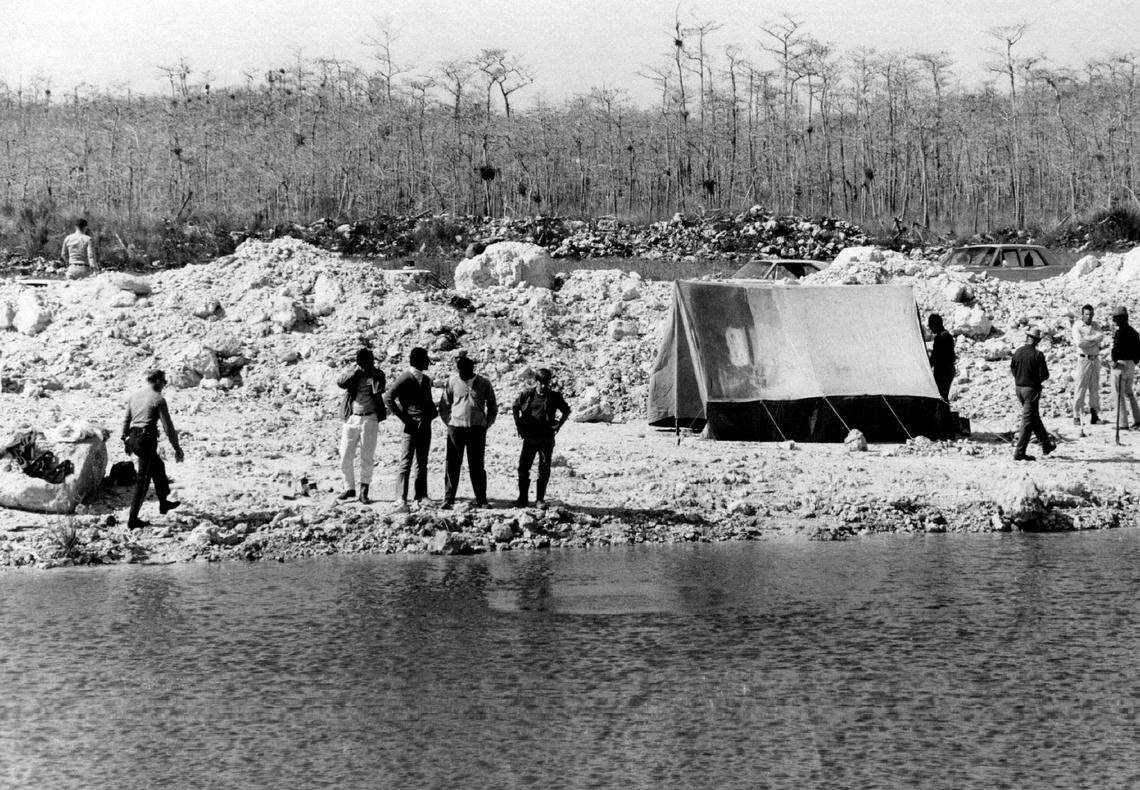 Bone hunters site at rockpit at new jetport in the Florida Everglades, photo taken in the 1970s.