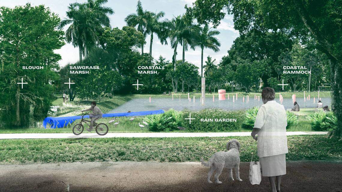 A rendering of the winning project shows plans to turn one of North Miami’s floodprone vacant lots into a park that retains extra rainwater and prevents flooding in the neighborhood.