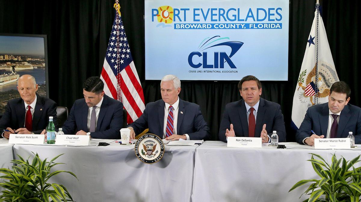 From left, U.S. Sen. Rick Scott, Chad Wolf, acting secretary of Homeland Security, U.S. Vice President Mike Pence, Florida Gov. Ron DeSantis and Florida Sen. Marco Rubio attended a meeting with cruise line executives to discuss the coronavirus response at Port Everglades on March 7, 2020.