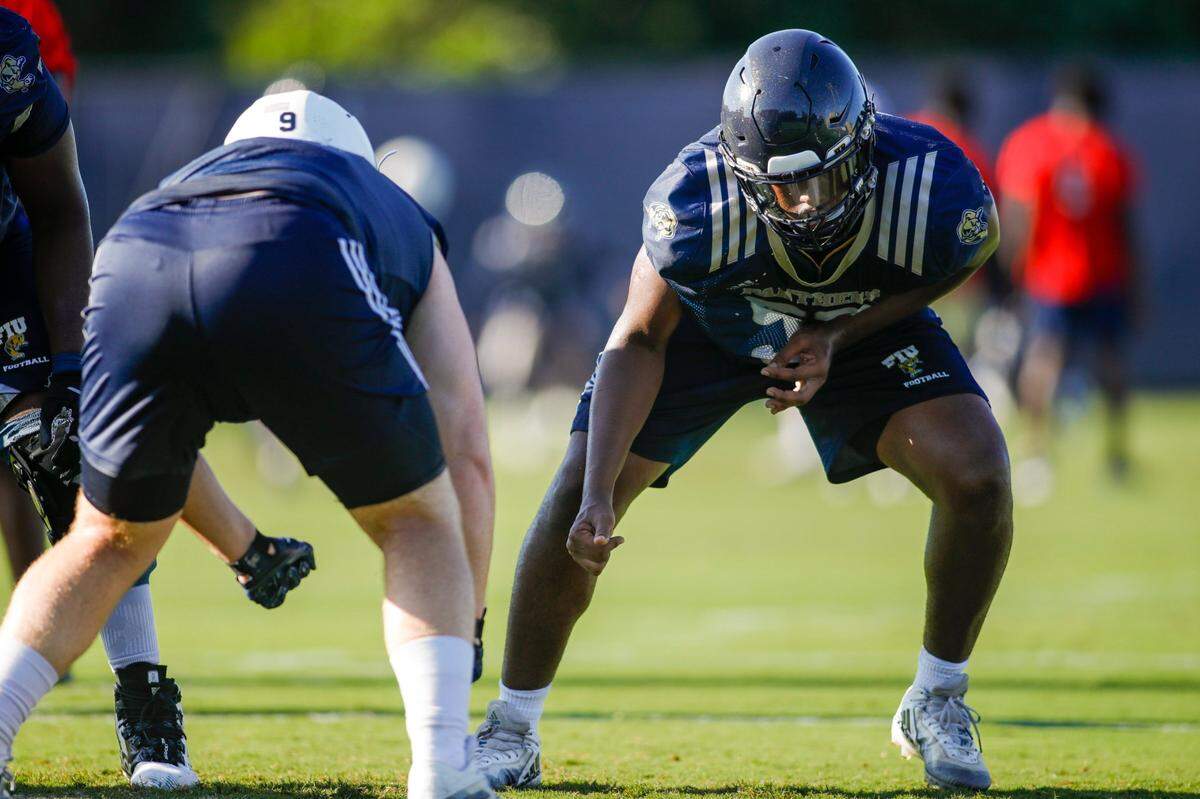 FIU defensive lineman Steven Shannon (57) works out during football practice at Florida International University in Miami, Florida, on Tuesday, August 16, 2022.