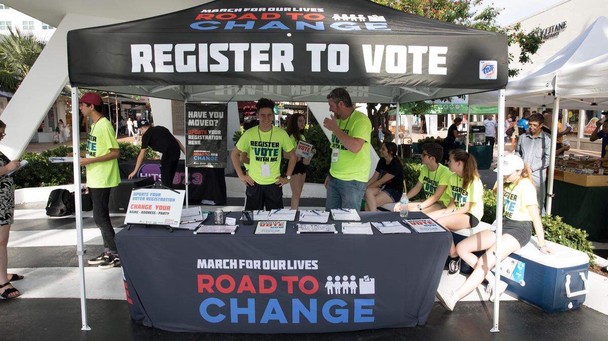 A tent set up by student activists from Marjory Stoneman Douglas High School and March for Our Lives on Lincoln Road in Miami Beach, on Sunday, June 24, 2018. The group’s South Beach event was the first stop on the Florida leg of their “Road to Change” tour,  where they aim to educate Floridians about gun violence, and register voters before midterm elections. Another group of Parkland students went on a national road trip this summer.
