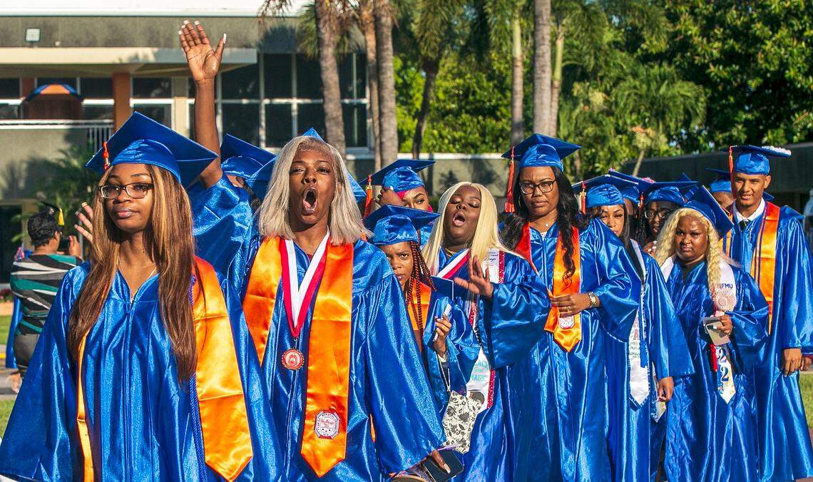 Students celebrate during the Spring 2022 commencement ceremony at Florida Memorial University in Miami Gardens on Saturday, May 14, 2022.