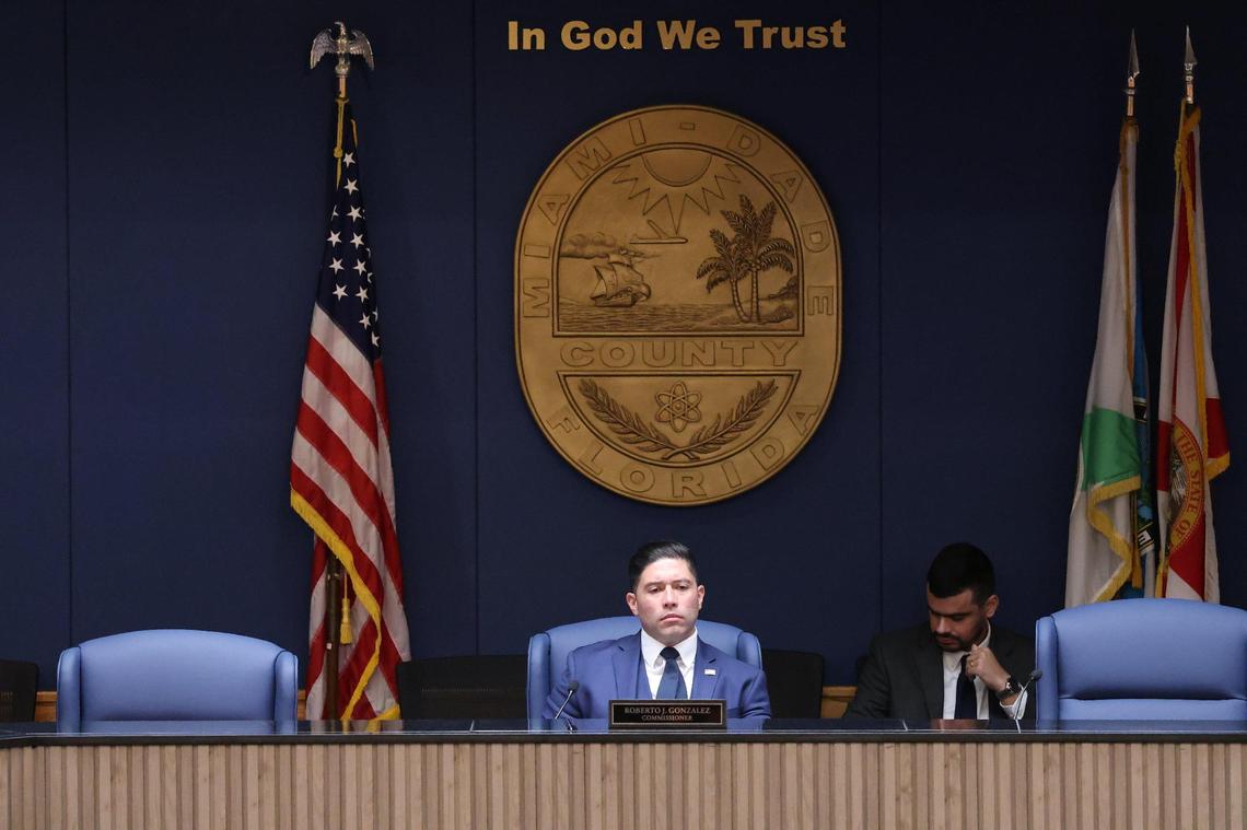Miami-Dade Commissioner Roberto J. Gonzalez, listens to members of Dr. Joseph Lapado, Florida’s surgeon general, panel discussion on the safety of fluoride in Miami-Dade’s water supply as a cavity prevention measure during a Miami-Dade County Safety Commission meeting on Tuesday, March11, 2025, in downtown Miami, Florida.