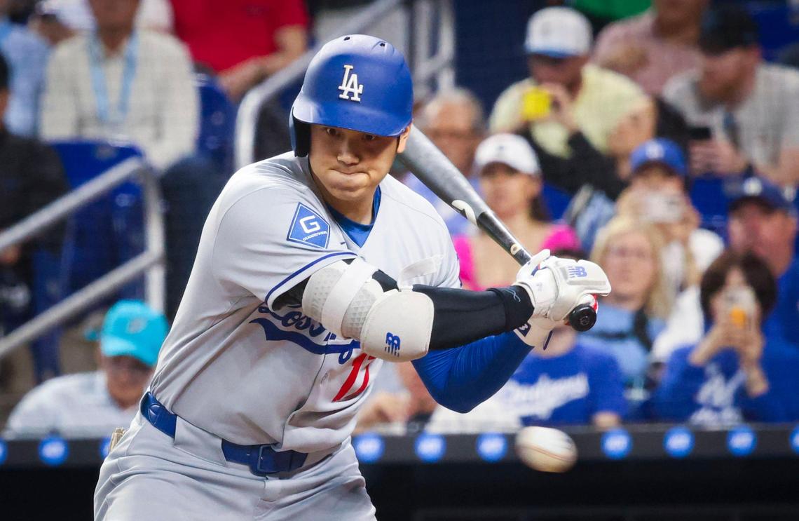 Los Angeles Dodgers designated hitter Shohei Ohtani (17) strikes out during the first inning of the game against the Miami Marlins on Tuesday, May 6, 2025, at loanDepot Park in Miami, Fla.
