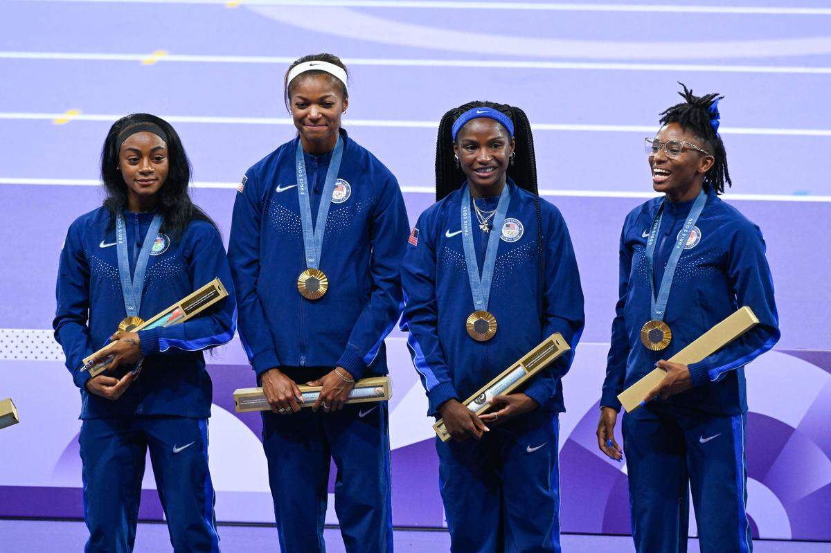 From left: Sha’Carri Richardson, Gabrielle Thomas, Twanisha Terry and Melissa Jefferson of Team USA, who won the gold medal in the 4 x 100m Relay Final during the Olympic Games Paris 2024 on Aug. 9, 2024, at Stade de France in Saint-Denis near Paris, France.