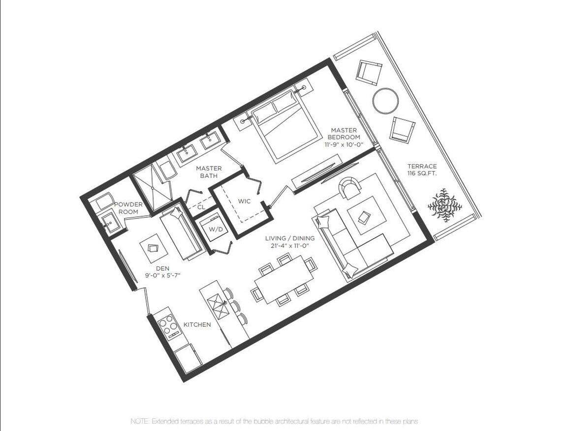One of the floor plans for a “one bedroom + den” unit at Paraiso Bayviews in Edgewater. A lawsuit claims the den disappeared from the finished condos.