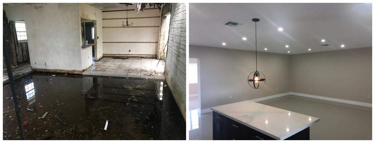 Before and after photos of a living room inside a home in Hollywood, Florida, renovated by We Buy Ugly Houses.