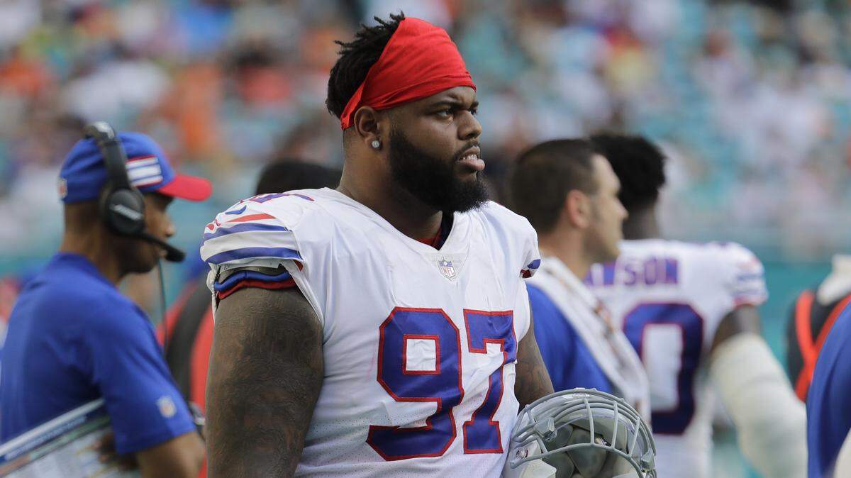 Buffalo Bills defensive tackle Jordan Phillips (97) waits on the sidelines, during the second half of an NFL football gameagainst the Miami Dolphins, Sunday, Dec. 2, 2018, in Miami Gardens, Fla.