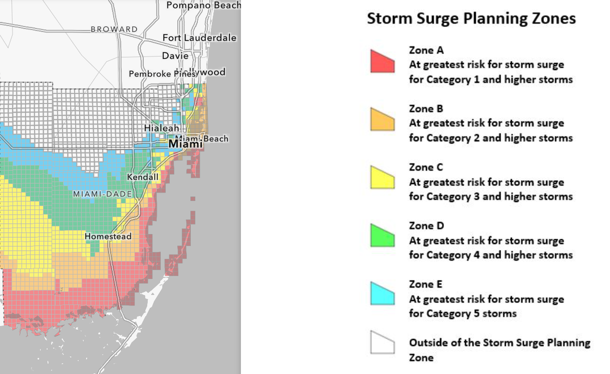 Miami-Dade County hurricane evacuation zones are split into five zones ranging from A to E. Zone A represents areas susceptible to storm surges in a Category 1 storm and Zone E the same in a Category 5. Photo taken from the Miami-Dade County site on May 27, 2026.