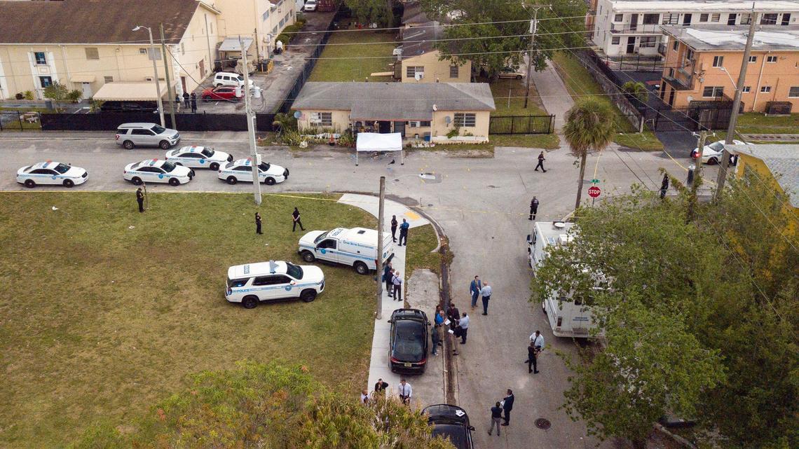 The scene near Northwest Seventh Court and 58th Street in Miami, Florida on Thursday, March 7, 2024, after Miami police shot a man standing on a porch multiple times.
