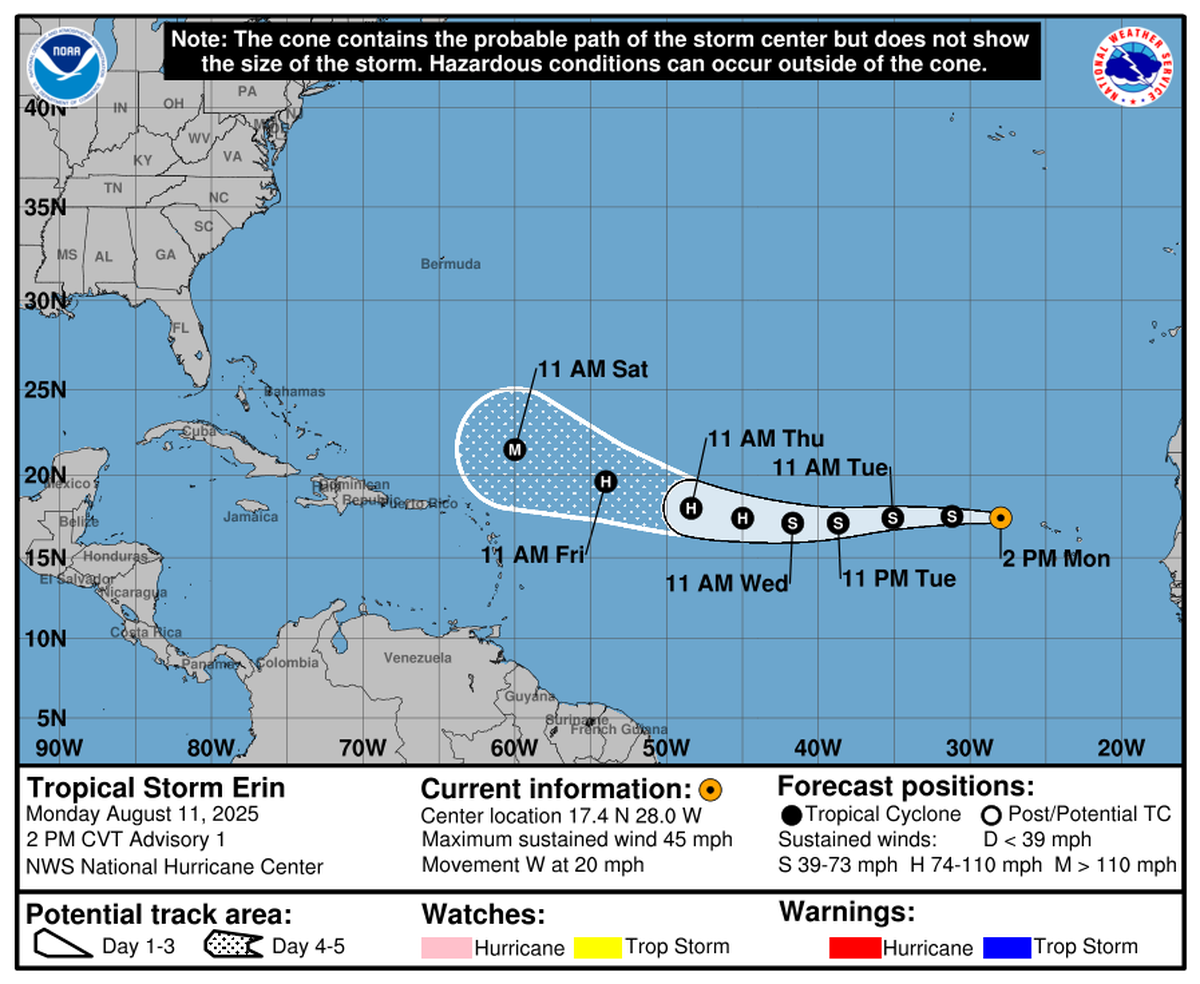 Tropical Storm Erin is on track to strengthen into a hurricane as soon as Wednesday.