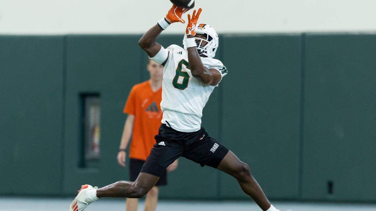 Miami Hurricanes wide receiver Joshisa “JoJo” Trader (6) catches the ball during practice at the Carol Soffer Indoor Practice Facility at the University of Miami on Monday, March 4, 2023 in Coral Gables, Fla.