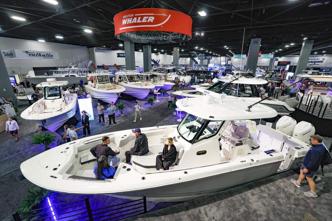 Boats on display at the Miami Beach International Boat Show in the Miami Beach Convention Center on Miami Beach, Florida on Thursday, February 12, 2026 