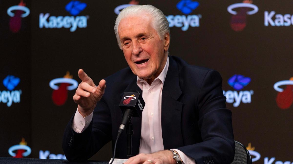 Miami Heat president Pat Riley speaks to the media during his season-ending press conference at Kaseya Center on May 9, 2025, in Miami.