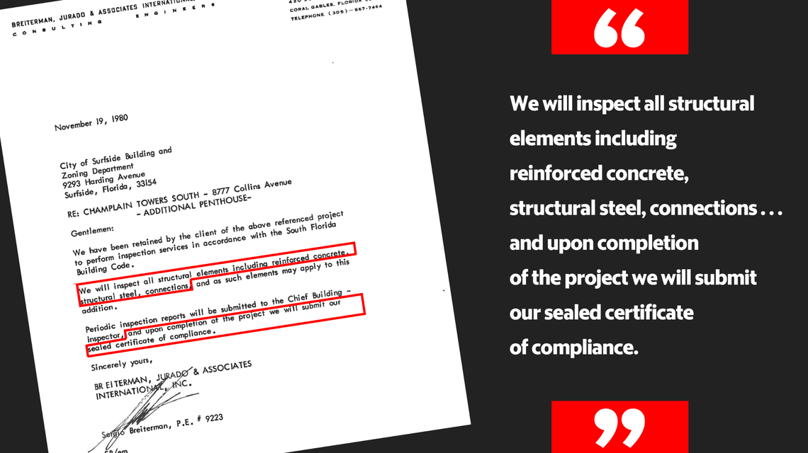 Engineer Sergio Breiterman’s 1980 letter informing the Town of Surfside he had been hired as a special inspector for Champlain Towers construction.