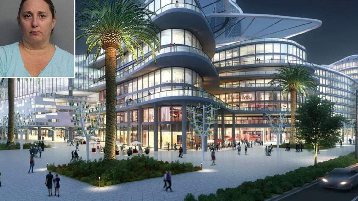 A rendering of Bleutech Park in greater Las Vegas, Nevada. Above is Janet Legrand’s booking photo in Miami-Dade.