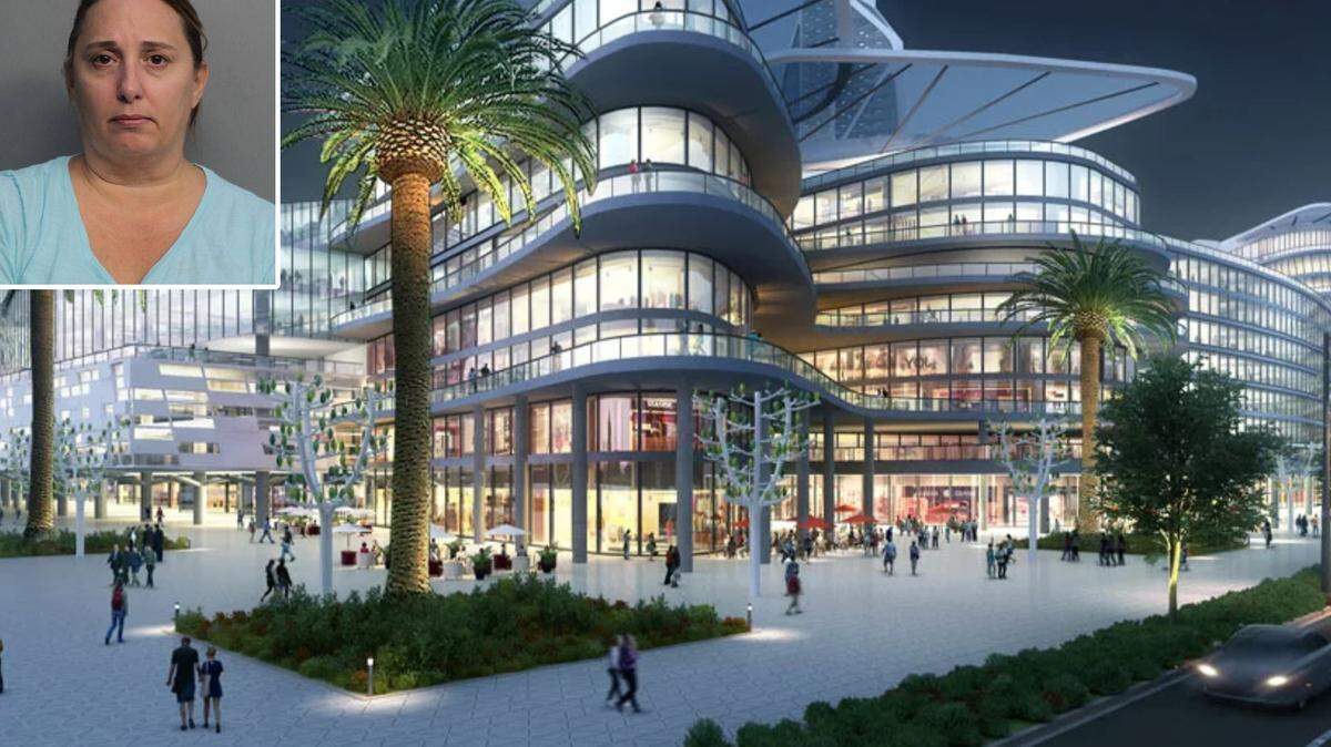 A rendering of Bleutech Park in greater Las Vegas, Nevada. Above is Janet Legrand’s booking photo in Miami-Dade.