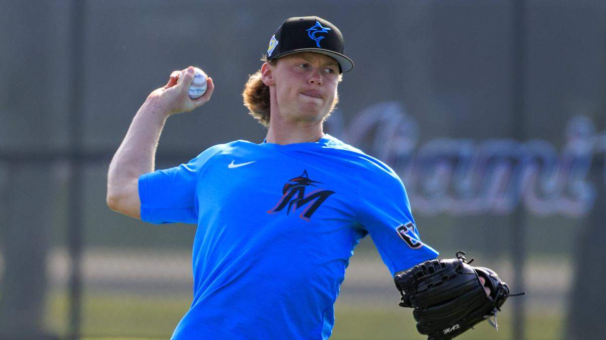 Miami Marlins pitcher Max Meyer throws during their spring training workout at Roger Dean Stadium on Wednesday, March 16, 2022 in Jupiter, FL.