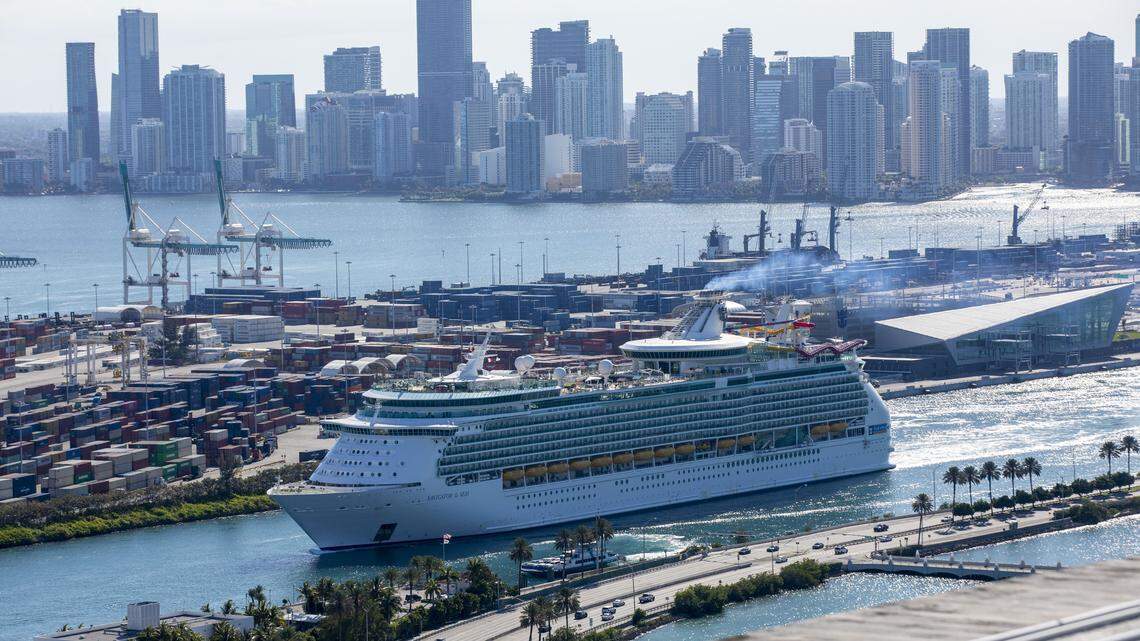Royal Caribbean's Navigator of the Seas cruise ship exits government cut at Port of Miami in Miami, Florida on Monday, May 4, 2020.