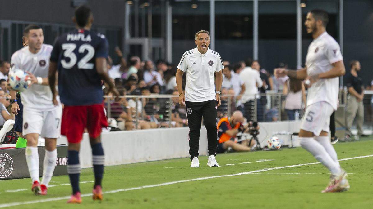 Inter Miami Head Coach Phil Neville coaches against New England Revolution in the first half of his MLS soccer match at the DRV PNK Stadium on Wednesday, July 21, 2021, in Fort Lauderdale, Florida.