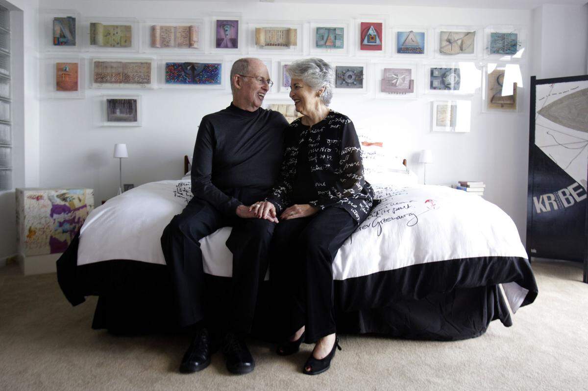 Ruth and Marvin Sackner in 2008 after moving to a Biscayne Bay condo with some of their art collection. The Peter Greenaway bedspread was discovered by a friend in the window of a Miami Beach decor shop. The text is from the filmmaker’s notebook of “The Cook, The Thief, His wife and Her lover” by Greenaway. On the wall behind the bed, Elena Presser “Anna Magdalena Notebook, “ 35 pieces in Plexiglas boxes - 1985-1991. Each piece is the artist’s visual interpretation of the favorite musical songs of Bach.