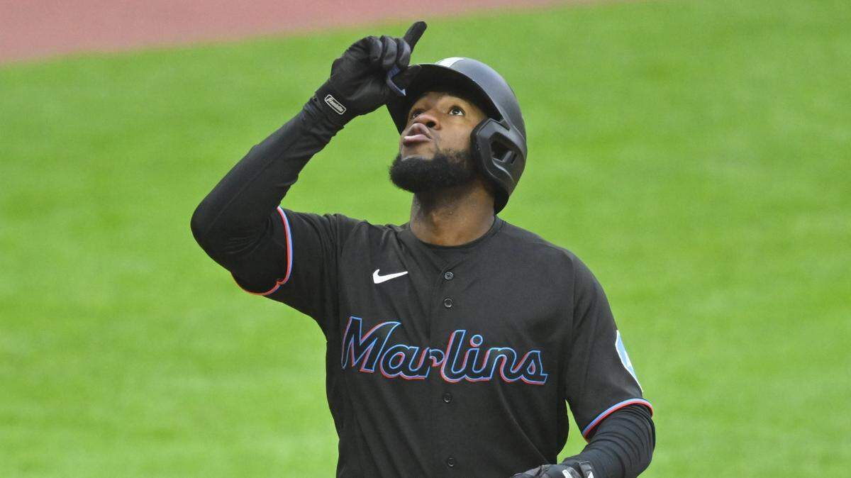 Miami Marlins left fielder Bryan De La Cruz (14) celebrates after hitting a solo home run against the Cleveland Guardians in the sixth inning of the first game of a doubleheader at Progressive Field on Saturday, April 22, 2023.