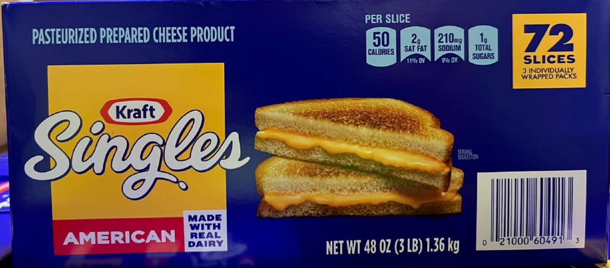 The 3-pound packs with three 16-ounce packs of Kraft Singles American processed cheese slices.