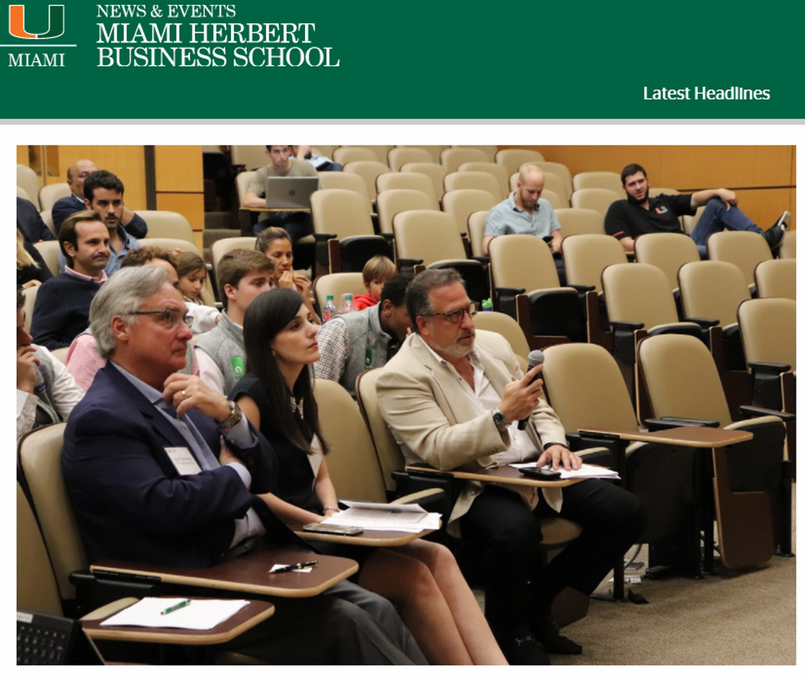 Screen grab of Elliot Smerling asking a question at the 2019 University of Miami Business Plan Competition. Smerling’s company, JES Global Capital, was a sponsor of the event.