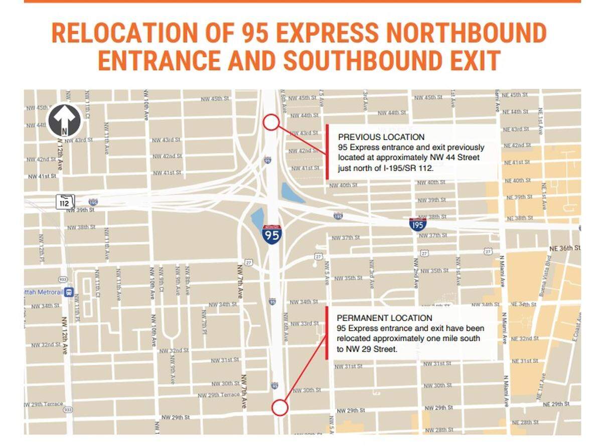 The Interstate 95 Express northbound entrance and southbound exit points are being relocated back to their original and permanent location. This Florida Department of Transportation map details the area.
