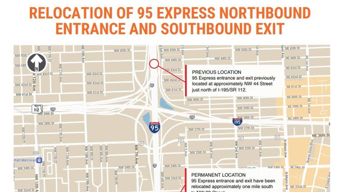 Los puntos de entrada y salida de la I-95 Express en dirección norte y sur están siendo reubicados en su emplazamiento original y permanente. Mapa del Departamento de Transporte de la Florida (FDOT) detalla la zona. FDOT