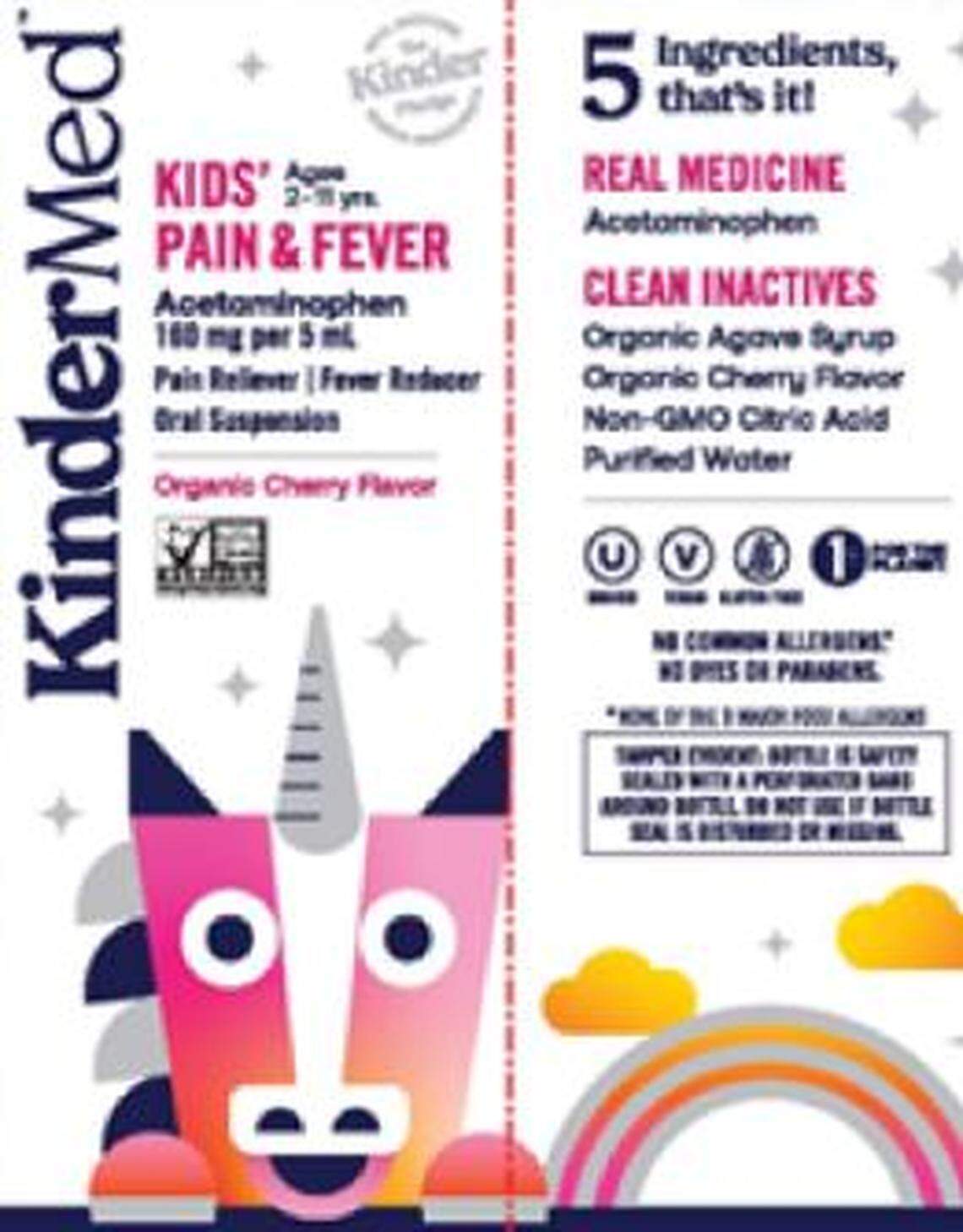 The box for KinderMed Kids’ Pain & Fever, 4 fl. oz./118 ml, with acetaminophen, 160 mg per 5 ml, Oral Suspension