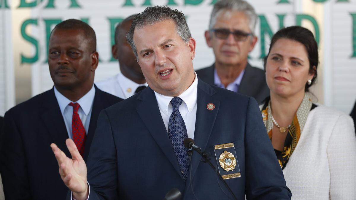 Florida Chief Financial Officer Jimmy Patronis, who serves as the state fire marshal, speaks during a news conference about hurricane preparedness, Wednesday, June 19, 2019, at the Miami-Dade Fire Rescue Training Facility in Miami.