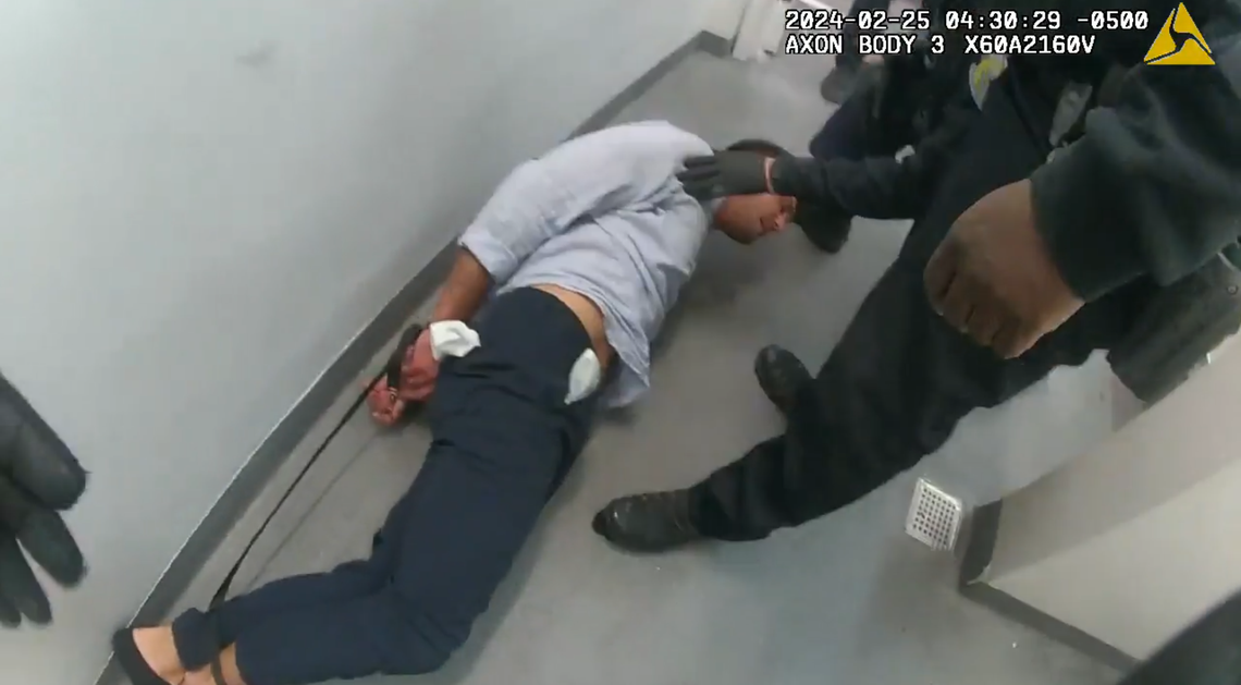 Body camera footage shows the hog-tying of Matteo Falcinelli.