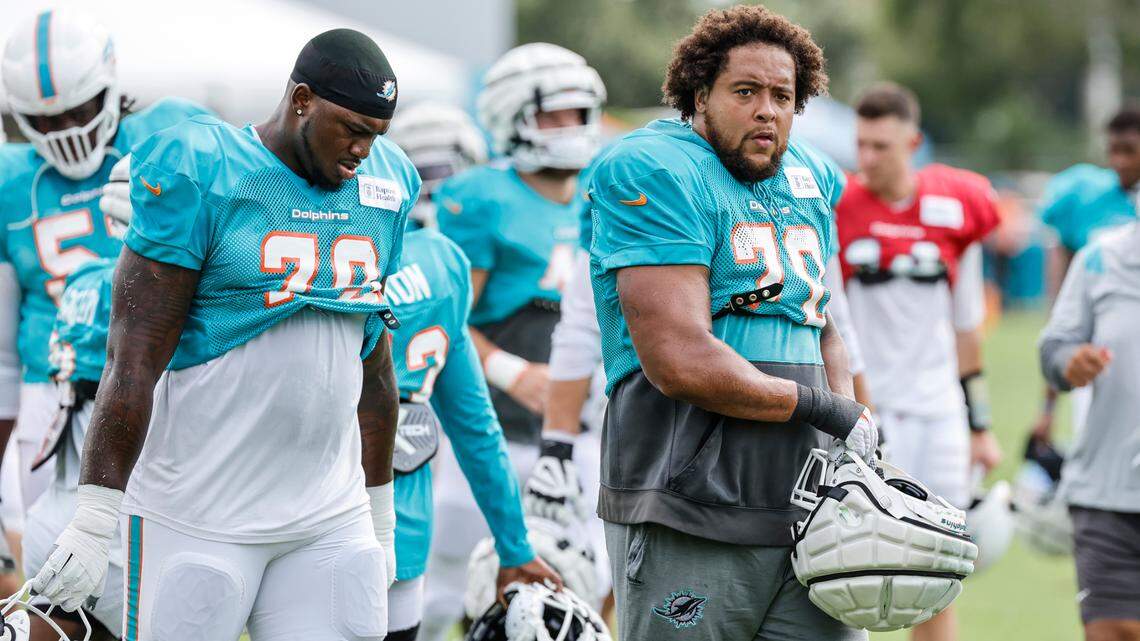 Miami Dolphins offensive tackle Kendall Lamm (70) arrives for a joint practice with the Atlanta Falcons at Baptist Health Training Complex in Miami Gardens, Florida, on Wednesday, August 7, 2024.