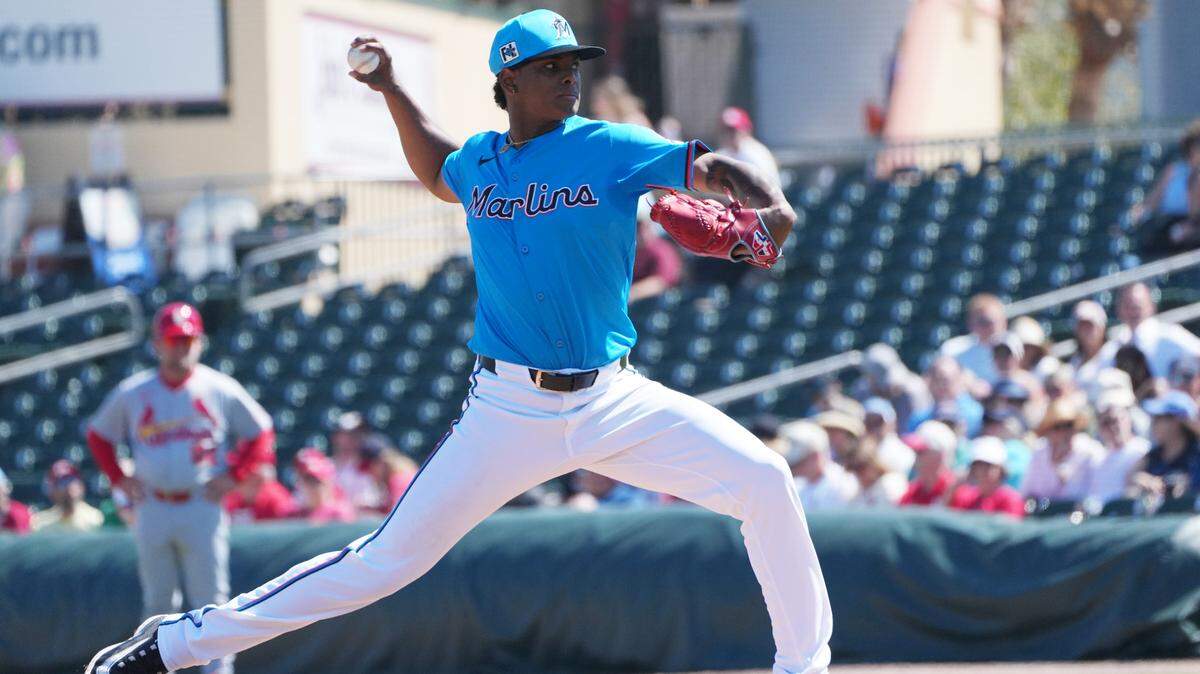 Mar 2, 2025; Jupiter, Florida, USA; Miami Marlins pitcher Edward Cabrera (27) pitches in the second inning against the St. Louis Cardinals at Roger Dean Chevrolet Stadium.