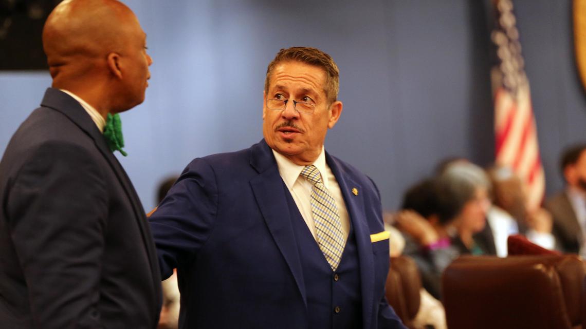 Miami-Dade County commissioner Jose ‘Pepe’ Diaz speaks with Mayor Oliver Gilbert of Miami Gardens at the county commission meeting where the American Dream Mall project was given final zoning approval on May 17, 2018. Diaz sponsored the legislation approving the project, which sits in his district, but also sponsored a resolution that preemptively banned county subsidies for the $4 billion retail theme park.