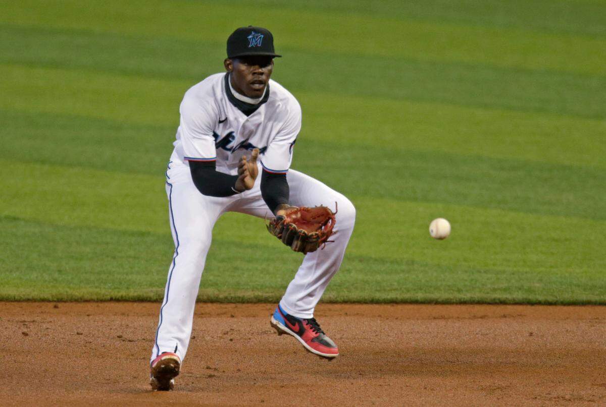 Miami Marlins second baseman Jazz Chisholm (70) fields a grounds ball hit by Boston Red Sox right fielder Alex Verdugo (99)during the third inning of a baseball game at at Marlins Park in Miami on Thursday, September 17, 2020.