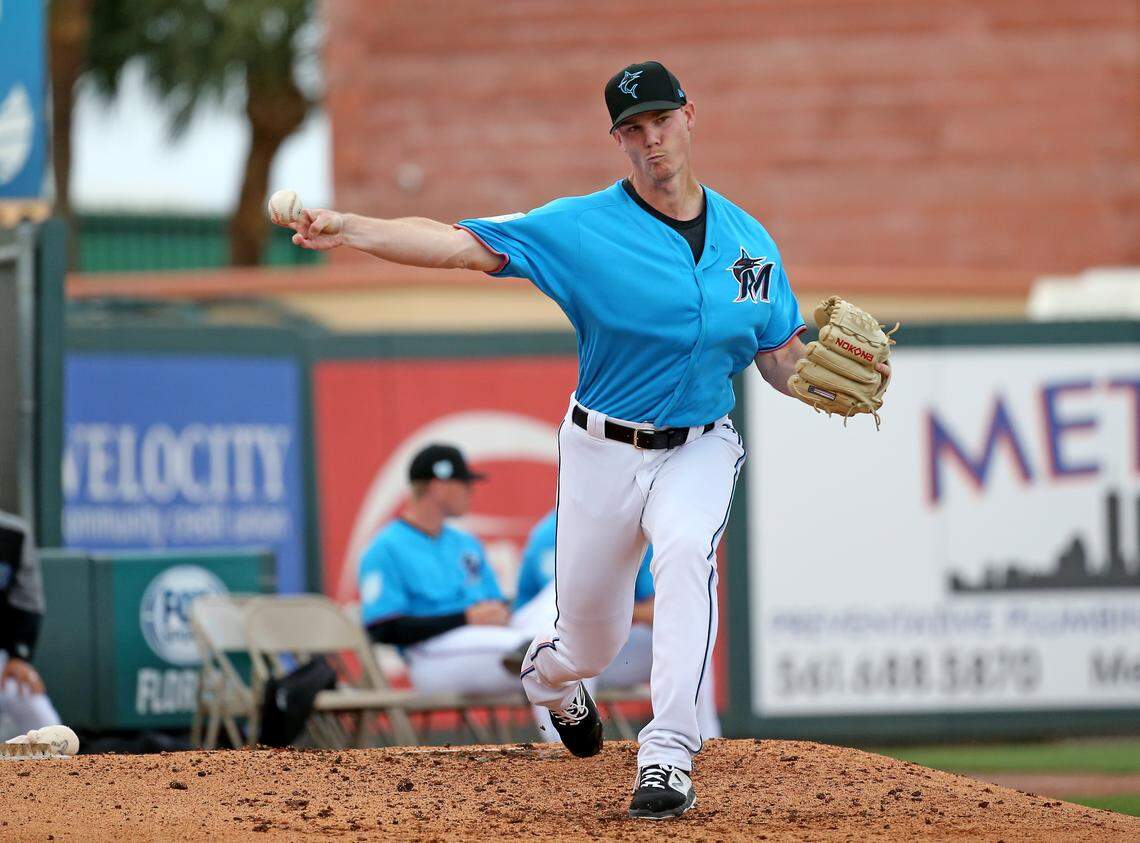 Miami Marlins pitcher Austin Brice (37) throws at the bullpen during the fourth inning of a Major League Baseball spring training game against the Houston Astros at Roger Dean Chevrolet Stadium on Tuesday, February 26, 2019 in Jupiter, FL.