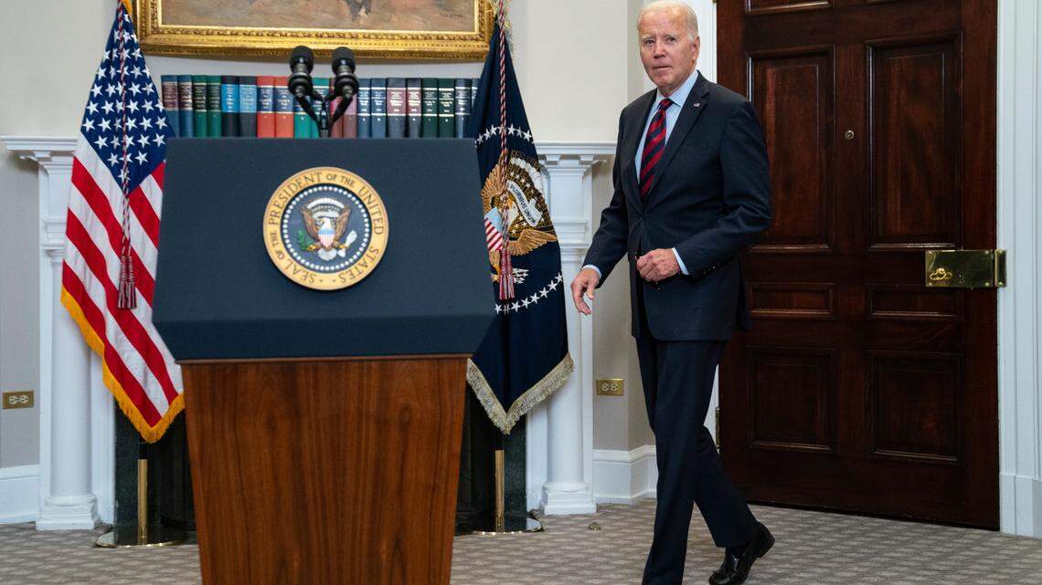 President Joe Biden arrives to deliver remarks on student loan debt forgiveness, in the Roosevelt Room of the White House, Wednesday, Oct. 4, 2023, in Washington. (AP Photo/Evan Vucci)
