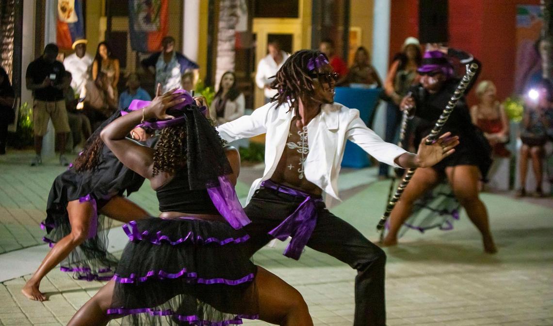 Members of the NSL Danse Ensemble perform a traditional Haitian dance in honor of Fèt Gede, the “Festival of the Dead,” at the Little Haiti Cultural Complex.