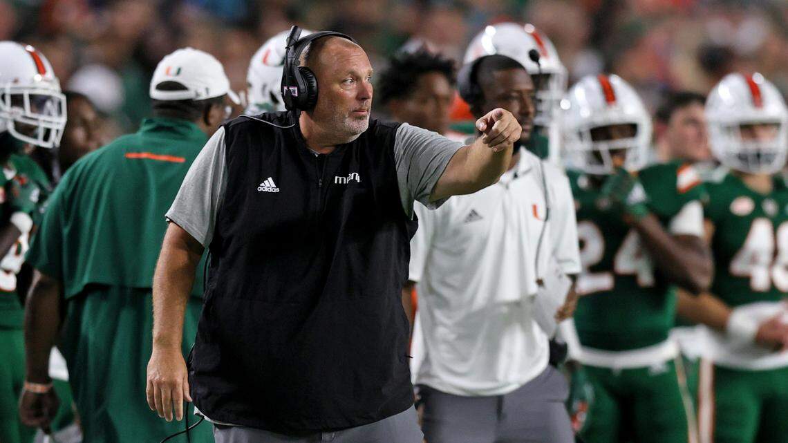 Miami Hurricanes assistant head coach / defensive line Jess Simpson looks from the sideline during the third quarter of their ACC football game against the Appalachian State Mountaineers at Hard Rock Stadium on Saturday, September 11, 2021 in Miami Gardens, Florida.
