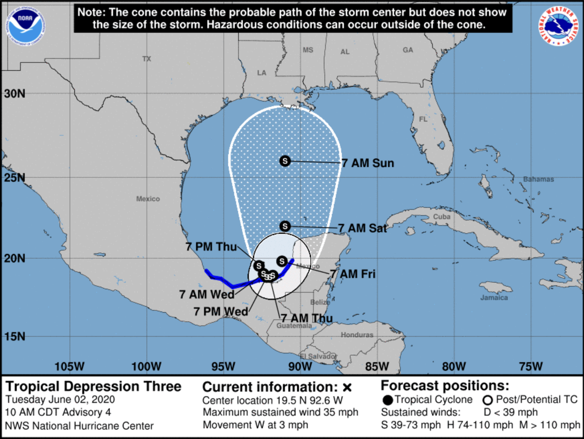 Tropical Depression 3 “is very close to tropical storm strength,” according to the National Hurricane Center. Forecasters expect it will strengthen into Tropical Storm Cristobal later Tuesday.