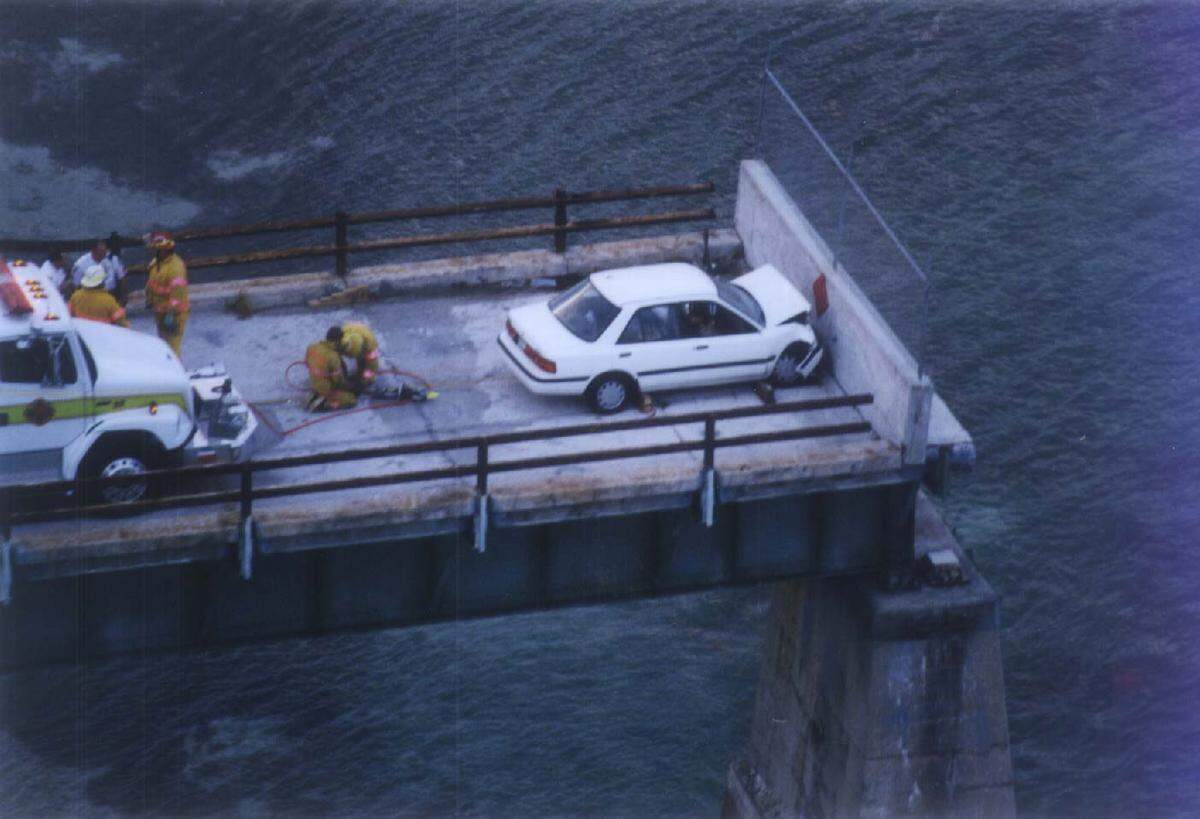 This Toyota sedan crashed into a barrier on the old Seven Mile Bridge in 1996. One man died and a woman was critically injured.