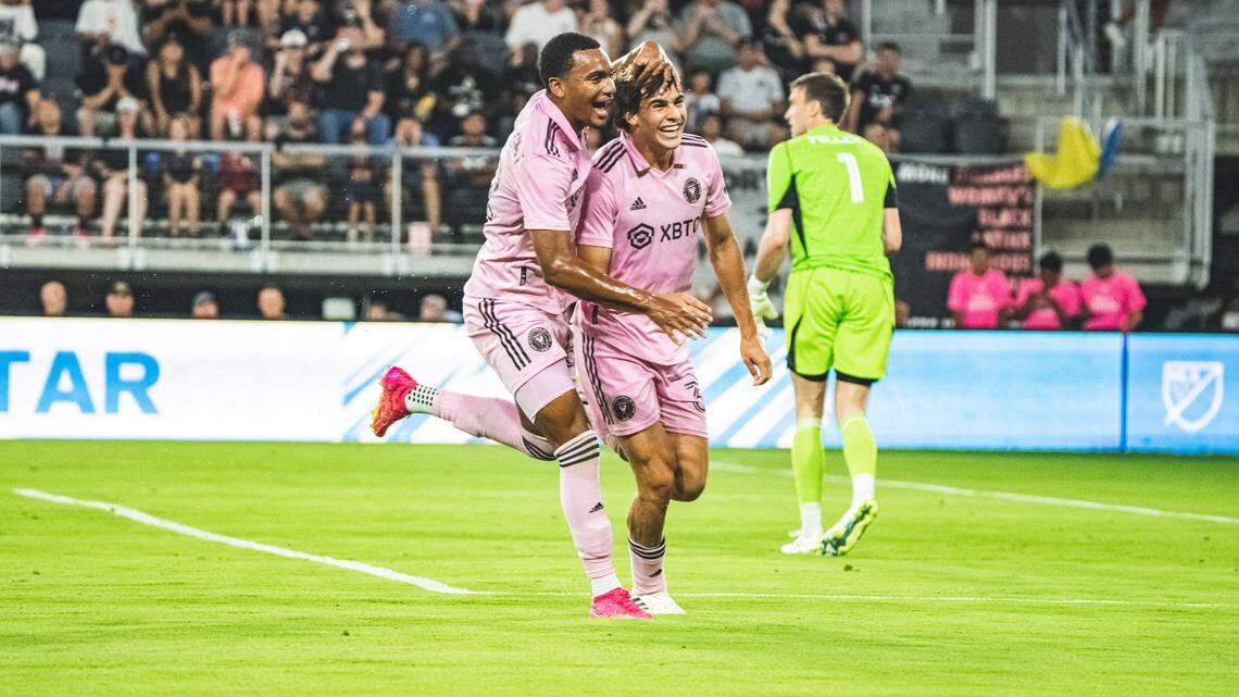 Inter Miami midfielder Benjamin Cremaschi (right), an 18-year-old Key Biscayne native, celebrates his first MLS goal with teammate Israel Boatright in a 2-2 tie against D.C. United at Audi Field July 8, 2023