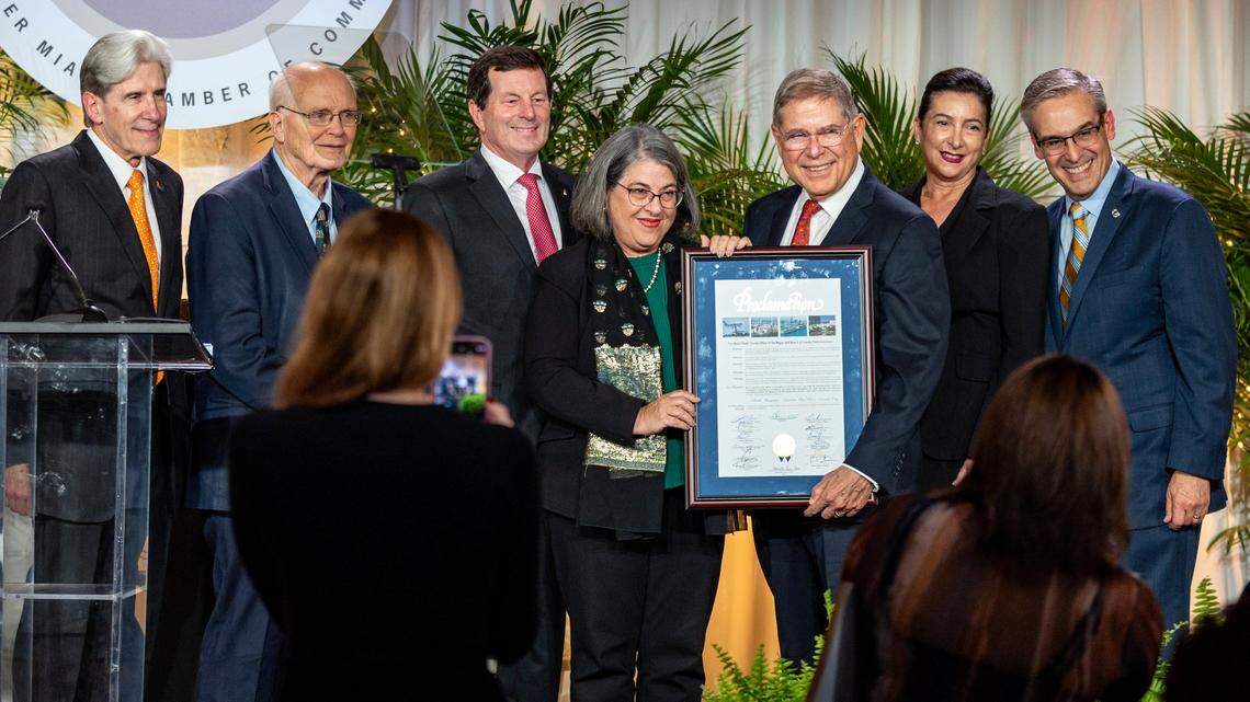Miami-Dade Mayor Daniella Levine Cava presents Alberto Ibargüen, President & CEO of the John S. and James L. Knight Foundation and former publisher of the Miami Herald/El Nuevo Herald, with a Proclamation declaring October 4th as ‘Alberto Ibargüen - Sand In My Shoes Award Day’ during a ceremony hosted by The Greater Miami Chamber of Commerce to honor Ibargüen with the 2023 Sand in My Shoes® Award at Jungle Island in Miami, Florida, on Wednesday, October 4, 2023.
